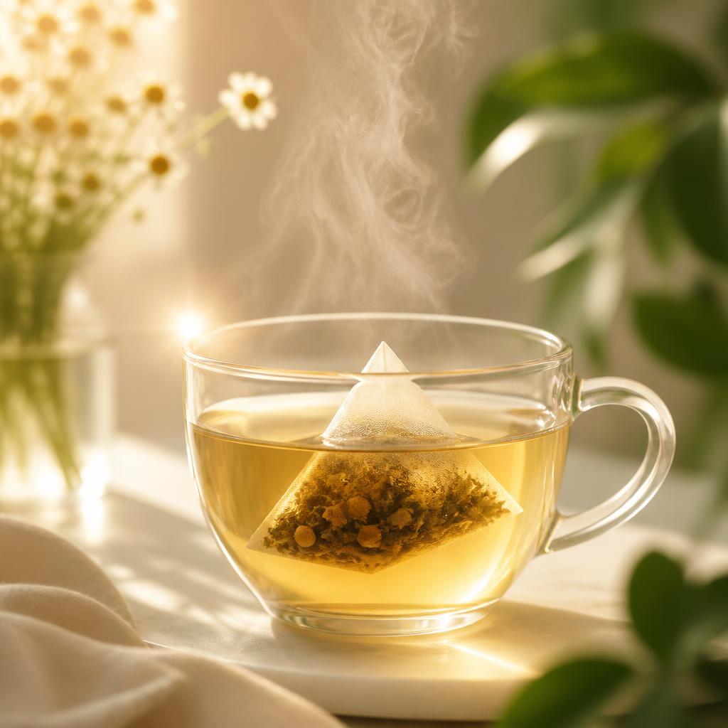 Tea bag herbal HERBABAG diseduh dalam cangkir kaca berisi air keemasan