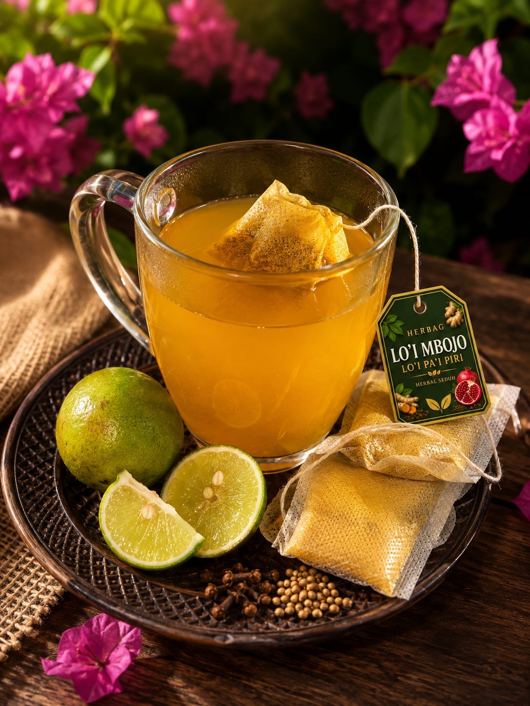 Secangkir seduhan HERBABAG LO'I MBOJO dengan tea bag herbal dan rempah segar